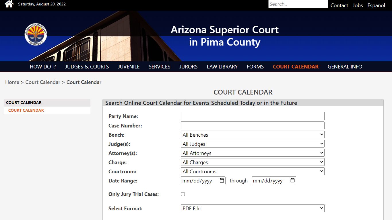 Court Calendar - Pima County, Arizona